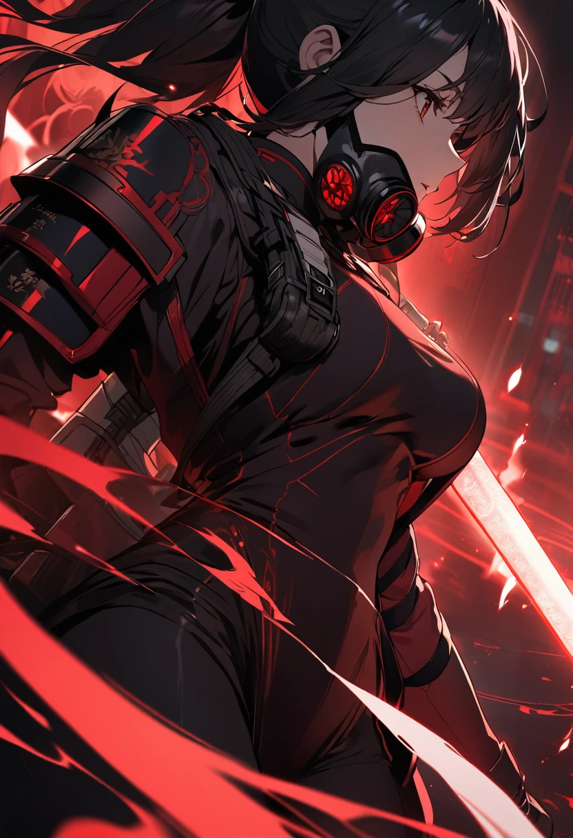 A woman,matured, perfect anatomy, high tech gas mask,long pony tail hair(black hair),red aura,red magic circle,long samurai sword,tight outfit,,closeup cinematic lighting, cinematic angle,side view