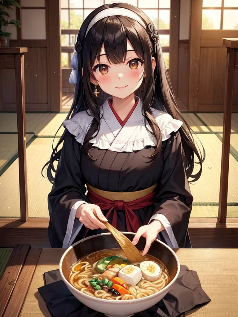 Masterpiece, high quality, (Young Japanese girl:1.35), Brown Eyes, black hair, curly hair, long hair, smile, (cute medieval folk peasant dress), (bolws of ramen), blush, smiley, happy, hair tie, white hairband, earrings, crystal earrings, Romanticism, first-person view, pov, Eye-Level Shot, god rays, glowing light, reflection light, backlighting, anatomically correct, high details, tavern background