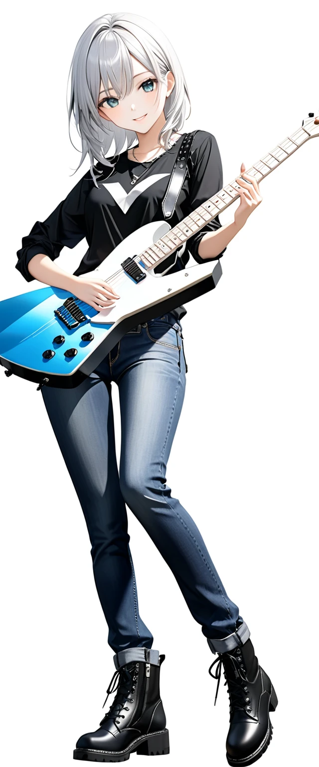 (((White background:1.5)))、(The entire subject is captured)(((Composition from afar:1.5))),(((full body:1.2)))(masterpiece、Ultra HD、Highest quality、Masterpiece、4K:1.2)、Slender body、Holding a white electric guitar,Scandinavian Metal Girl, A gentle gaze at the camera, Intricate details, Highly detailed eyes, Highly detailed fingers、(Black shirt and jeans) 、Wear black boots、A kind smile、(((Dynamic pose:1.5)))