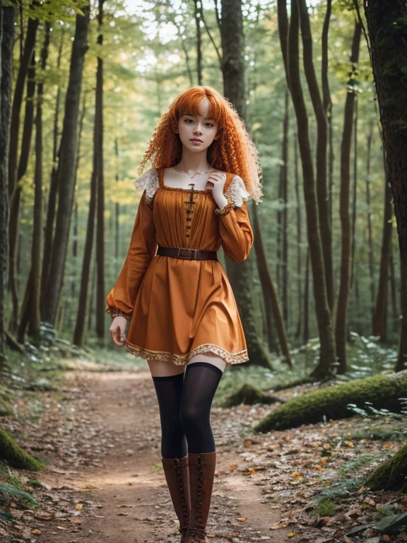 17 year old girl, Lovely, orange hair, Very short, Very curly, slim, flat bust, with freckles on the face, with slavic features, unknotting, leaning on tree, Whole body, two hands, shows her pretty legs, In the woods.