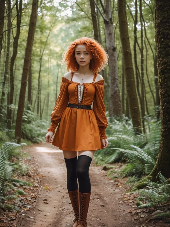 17 year old girl, Lovely, orange hair, Very short, Very curly, slim, flat bust, with freckles on the face, with slavic features, unknotting, leaning on tree, Whole body, two hands, shows her pretty legs, In the woods.