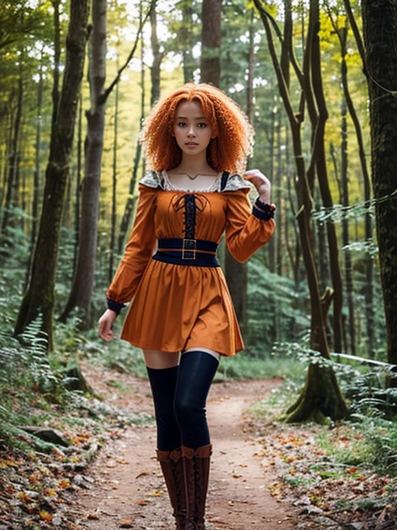 17 year old girl, Lovely, orange hair, Very short, Very curly, slim, flat bust, with freckles on the face, with slavic features, unknotting, leaning on tree, Whole body, two hands, shows her pretty legs, In the woods.