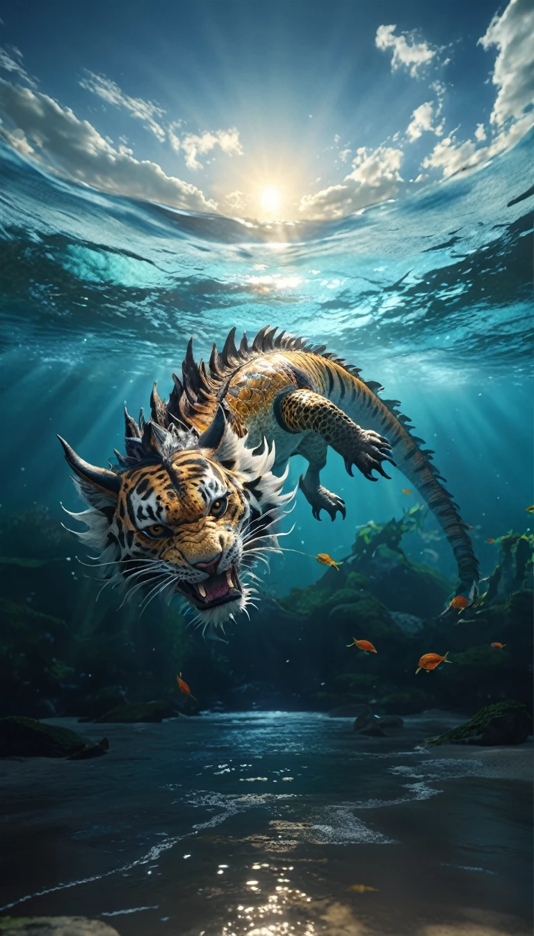 水中有一种Fantasy Creatures(best quality，4K，8k，High level，masterpiece：1.2），Ultra Detailed，（lifelike，Photo real，Photo real：1.37），Highly detailed animals，Complex patterns，Realistic lighting，Fantasy Creatures