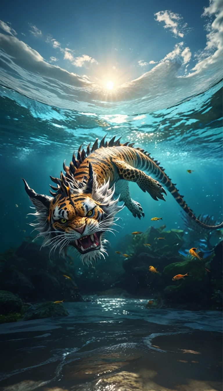 水中有一种Fantasy Creatures(best quality,4K,8k,High level,masterpiece:1.2),Ultra Detailed,(lifelike,Photo real,Photo real:1.37),Highly detailed animals,Complex patterns,Realistic lighting,Fantasy Creatures