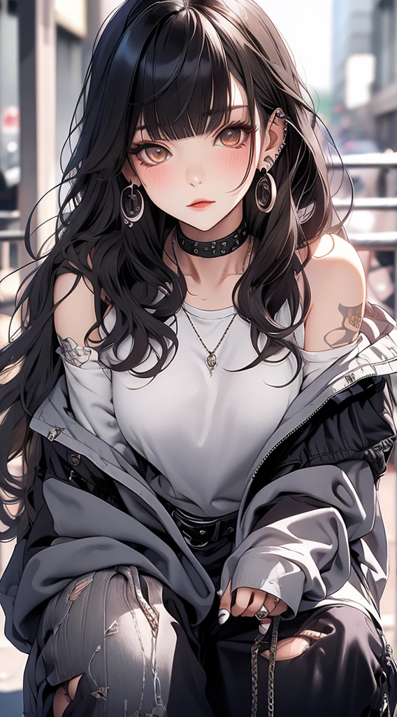 masterpiece, Best Quality, pixiv, cool girl, many piercings, earrings, dark brown hair, Curly hair, blunt bangs, straight bangs, grey eyes, Pale skin, Gallon, improve