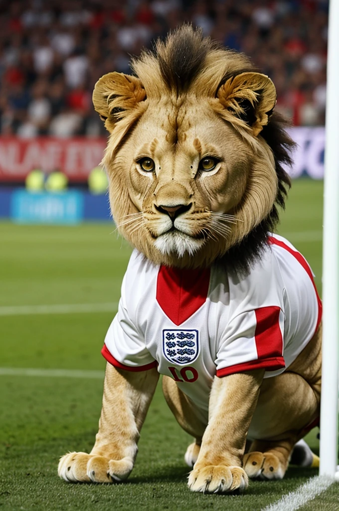 The picture of a small lion wearing the England football team uniform white color 