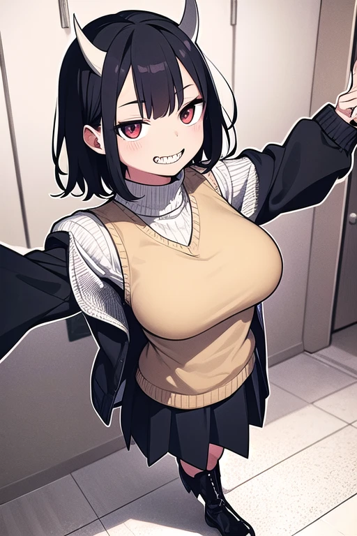 young girl with short black hair, vest, pullover, dragon horns, sharp teeth, standing, smiling, wearing, full body, winter dress, boots, long skirt, gigantic breasts, medieval clothes, short black hair, vest, pullover, dragon horns, sharp teeth, standing, smiling, full body, winter dress, boots, long skirt, (best quality:1.2), ultra-detailed