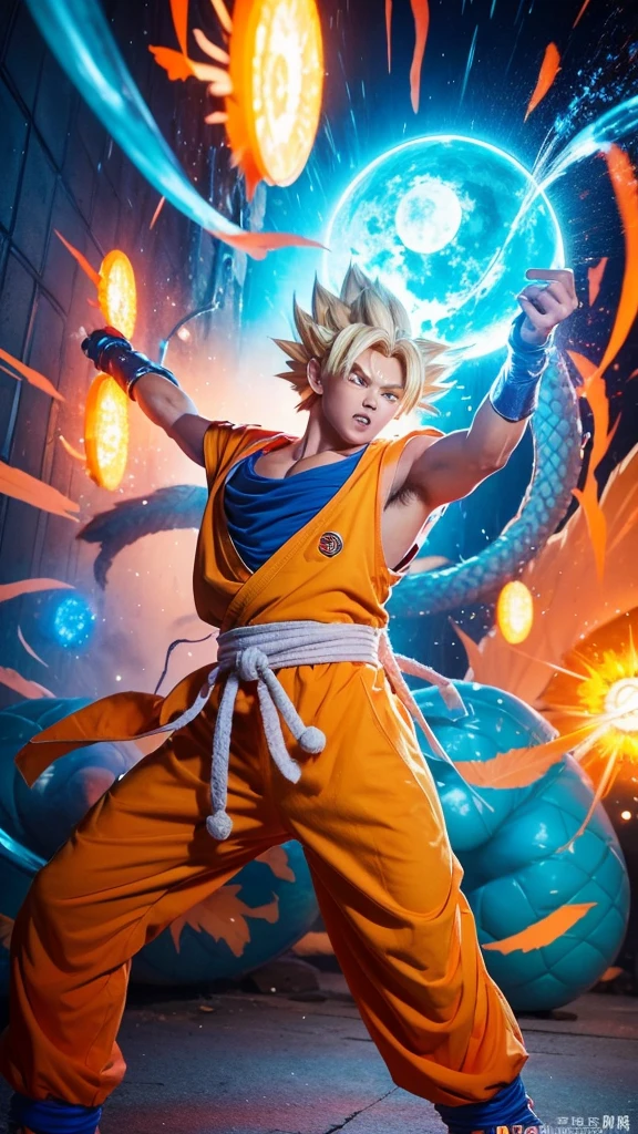 Dragon Ball、Sun Wukong、The costumes are flashy, psychedelic and pop.、The illustrations are generally flashy、The background is a street wall with spray art.、