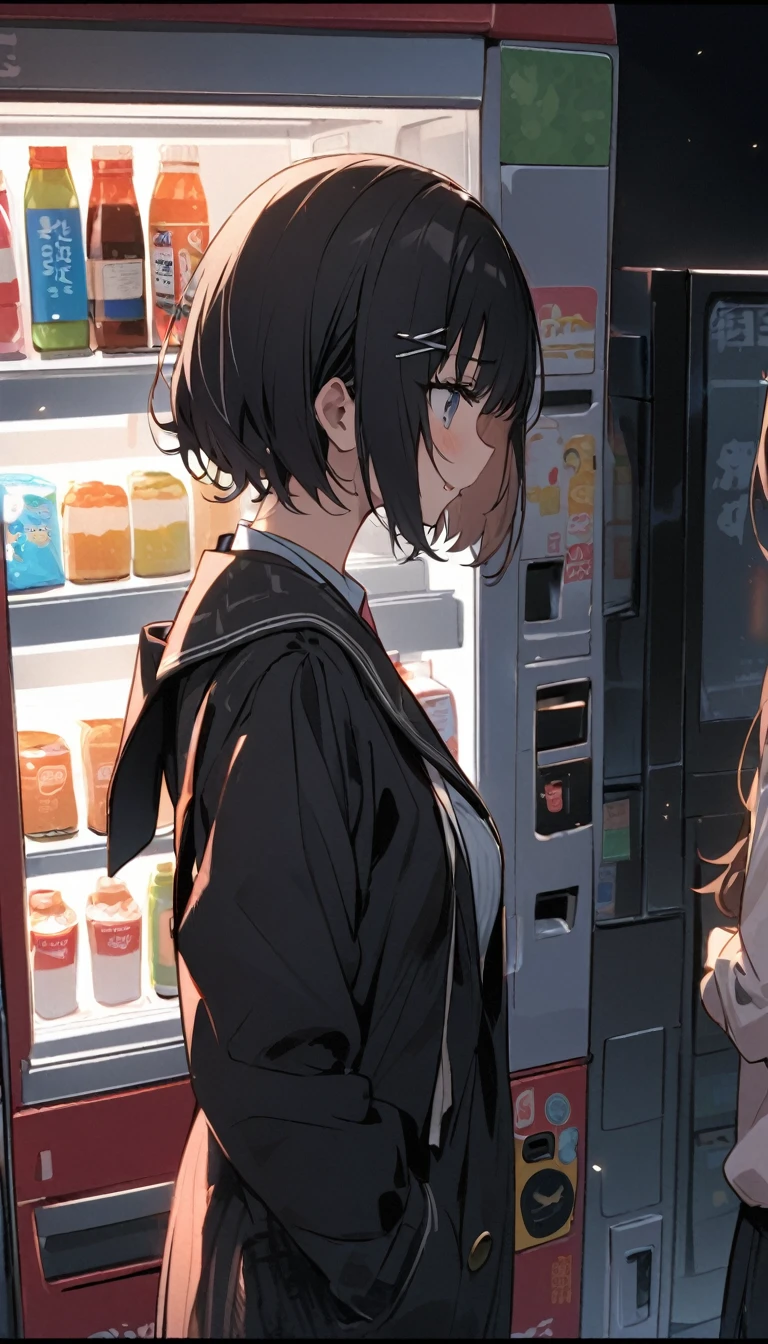 In front of the vending machine、high school girl、Black bob hair、hairpin、There&#39;s a guy standing next to me with his penis out.、Penis in front of face、Open-mouthed expression of joy、Drooling((She stares at my penis with pleasure))、Hearts in the eyes、Large Breasts、Deep valley、nsfw