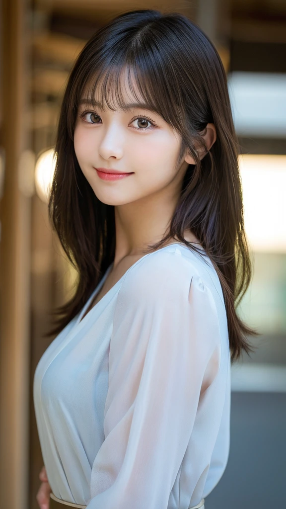 Highest Quality: 1.5), (Real: 1.5), (1 Person: 1.5), Highly Detailed, Fine, High Resolution, 8K Wallpaper, Perfect Dynamic Composition, Small Breasts, Natural Color Lips, Cute Smile, Japanese Woman, 17 Year Old Girl, Beautiful and Exquisite Face, Perfect and Beautiful Face, Beautiful and Exquisite, Big Eyes, Brunette Eyes, Beautiful and Exquisite Face, Perfect and Beautiful Double Eyelids, Natural Bangs, Beautiful and Thin Nose, Beautiful Skin, Black Natural Hair, Long Hair, Natural Bangs, Perfect and Beautiful Face, Slim Face and Figure, (Looking at the Camera), Bright Lighting, Professional Lighting, Shoulder-Length Layers, Asymmetrical Bangs, Japanese Idol, Sophisticated, Stylish, Blouse, Shibuya Ward, Waist-to-Waist Angle、(腰までのアングル:1.3)