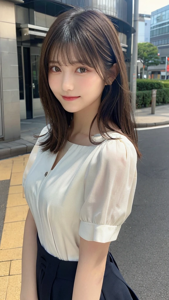 Highest Quality: 1.5), (Real: 1.5), (1 Person: 1.5), Highly Detailed, Fine, High Resolution, 8K Wallpaper, Perfect Dynamic Composition, Small Breasts, Natural Color Lips, Cute Smile, Japanese Woman, 17 Year Old Girl, Beautiful and Exquisite Face, Perfect and Beautiful Face, Beautiful and Exquisite, Big Eyes, Brunette Eyes, Beautiful and Exquisite Face, Perfect and Beautiful Double Eyelids, Natural Bangs, Beautiful and Thin Nose, Beautiful Skin, Black Natural Hair, Long Hair, Natural Bangs, Perfect and Beautiful Face, Slim Face and Figure, (Looking at the Camera), Bright Lighting, Professional Lighting, Shoulder-Length Layers, Asymmetrical Bangs, Japanese Idol, Sophisticated, Stylish, Blouse, Shibuya Ward, Waist-to-Waist Angle、(腰までのアングル:1.3)