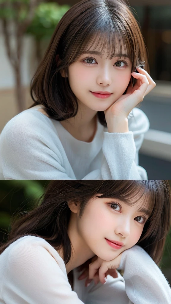 Highest Quality: 1.5), (Real: 1.5), (1 Person: 1.5), Highly Detailed, Fine, High Resolution, 8K Wallpaper, Perfect Dynamic Composition, Small Breasts, Natural Color Lips, Cute Smile, Japanese Woman, 17 Year Old Girl, Beautiful and Exquisite Face, Perfect and Beautiful Face, Beautiful and Exquisite, Big Eyes, Brunette Eyes, Beautiful and Exquisite Face, Perfect and Beautiful Double Eyelids, Natural Bangs, Beautiful and Thin Nose, Beautiful Skin, Black Natural Hair, Long Hair, Natural Bangs, Perfect and Beautiful Face, Slim Face and Figure, (Looking at the Camera), Bright Lighting, Professional Lighting, Shoulder-Length Layers, Asymmetrical Bangs, Japanese Idol, Sophisticated, Stylish, Blouse, Shibuya Ward, Waist-to-Waist Angle、(腰までのアングル:1.3)