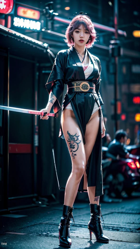 Cute Japanese woman, (16 years old), (very cute face: 1.3), red lips, white moist skin, mole, (glasses: 1.2)
BREAK,
Feminine body with high athletic ability, body of a female fitness model, feminine body with hard tones, (muscles: 1.2), (beautiful belly button),
BREAK,
Fighter, kung fu fighter, idol, (Yakuza), (gangster),
BREAK,
(wearing a cute black kimono: 1.3), (kimono that is revealing), (Stiletto heels, black heeled boots 1.3), very large earrings, short length,
BREAK,
Short hair, (Short bob hair), (Bangs: 1.2), (Black hair: 1.3), (Wavy hair),
BREAK,
(Very large Japanese sword: 1.4), (Holding the handle of a Japanese sword: 1.3), (Fighting: 1.2), (Getting into a fighting stance), (Beautiful Japanese sword blade: 1.2)
BREAK,
(Japanese tattoo: 1.4),
BREAK,
Masterpiece, Perfect lighting, Ultra high resolution, 8K, (Highly detailed: 1.4), (From the front), Looking at the camera, Melancholic expression,
BREAK,
(Tokyo Tower: 1.2), Tokyo Tower in Japan background, (Neon lights: 1.2)