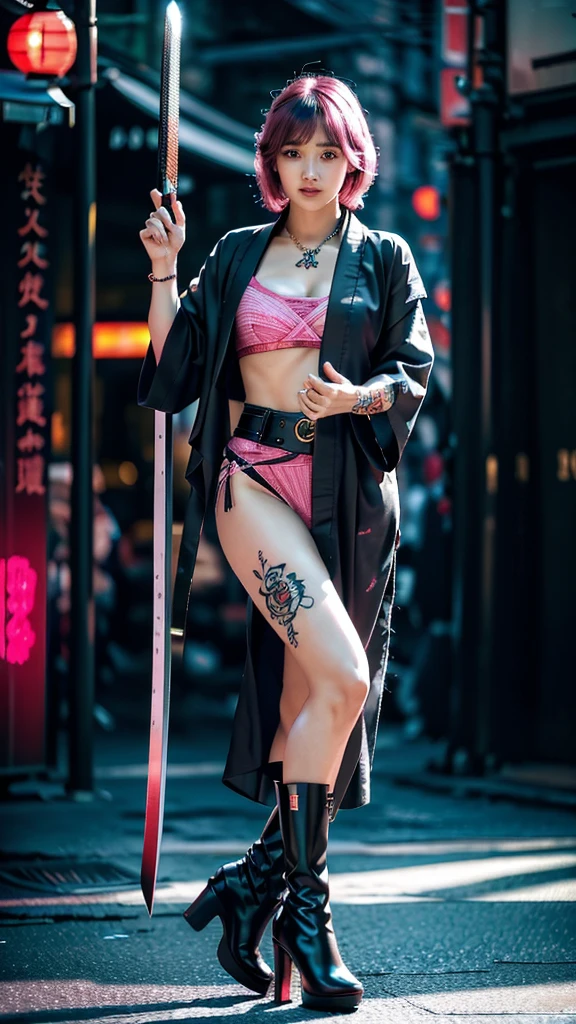 Beautiful Chinese woman, (16 years old), cute face, red lips, white moist skin, moles, (under-eye bags),
BREAK,
Feminine body with high athletic ability, Body of a female fitness model, Feminine body with hard tones, (Muscles: 1.2), (Beautiful belly button),
BREAK,
Fighter, Kung Fu fighter, Idol, (Yakuza), (Yakuza),
BREAK,
(Wearing a cute black kimono: 1.3), (Kimono with a lot of exposure), (Stiletto heels, black long boots 1.3), necklace, very large earrings, short length,
BREAK,
Short hair, (Short bob hair), (Bangs: 1.2), (Pink hair: 1.3), (Wavy hair),
BREAK,
(Very large Japanese sword: 1.4), (Holding the handle of a Japanese sword: 1.3), (Fighting: 1.2), (Getting into a fighting stance), (Beautiful blade of a Japanese sword: 1.2)
BREAK,
(Japanese tattoo: 1.4),
BREAK,
Masterpiece, Perfect lighting, Ultra high resolution, 8K, (Highly detailed: 1.4), (From the front), Looking at the camera, Melancholic expression,
BREAK,
(Tokyo city, lots of people in the background: 1.2), Shibuya city background in Tokyo, Japan, (Neon lights: 1.2)