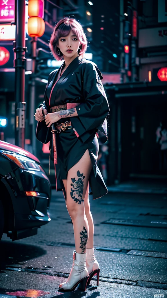 Beautiful Chinese woman, (16 years old), cute face, red lips, white moist skin, moles, (under-eye bags),
BREAK,
Feminine body with high athletic ability, Body of a female fitness model, Feminine body with hard tones, (Muscles: 1.2), (Beautiful belly button),
BREAK,
Fighter, Kung Fu fighter, Idol, (Yakuza), (Yakuza),
BREAK,
(Wearing a cute black kimono: 1.3), (Kimono with a lot of exposure), (Stiletto heels, black long boots 1.3), necklace, very large earrings, short length,
BREAK,
Short hair, (Short bob hair), (Bangs: 1.2), (Pink hair: 1.3), (Wavy hair),
BREAK,
(Very large Japanese sword: 1.4), (Holding the handle of a Japanese sword: 1.3), (Fighting: 1.2), (Getting into a fighting stance), (Beautiful blade of a Japanese sword: 1.2)
BREAK,
(Japanese tattoo: 1.4),
BREAK,
Masterpiece, Perfect lighting, Ultra high resolution, 8K, (Highly detailed: 1.4), (From the front), Looking at the camera, Melancholic expression,
BREAK,
(Tokyo city, lots of people in the background: 1.2), Shibuya city background in Tokyo, Japan, (Neon lights: 1.2)