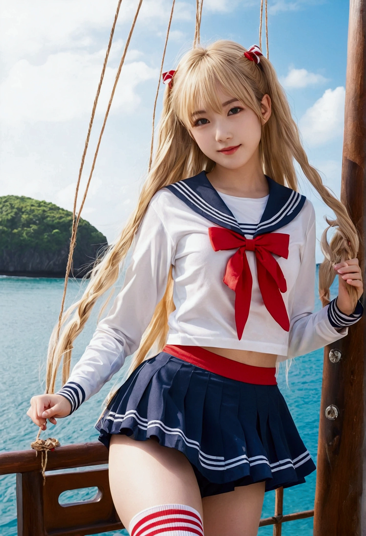 Girl、cute、13age、Blonde、Long Hair、Miniskirt sailor suit、Belly button、Red striped knee socks、String Panties、Fleet Collection、Shipgirl、Island Breeze