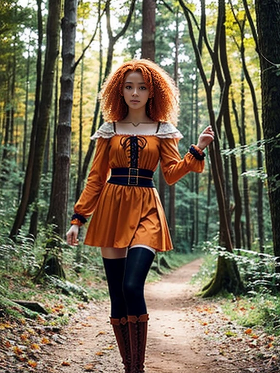 17 year old girl, Lovely, orange hair, Very short, Very curly, slim, flat bust, with freckles on the face, with slavic features, unknotting, leaning on tree, Whole body, two hands, shows her pretty legs, In the woods.