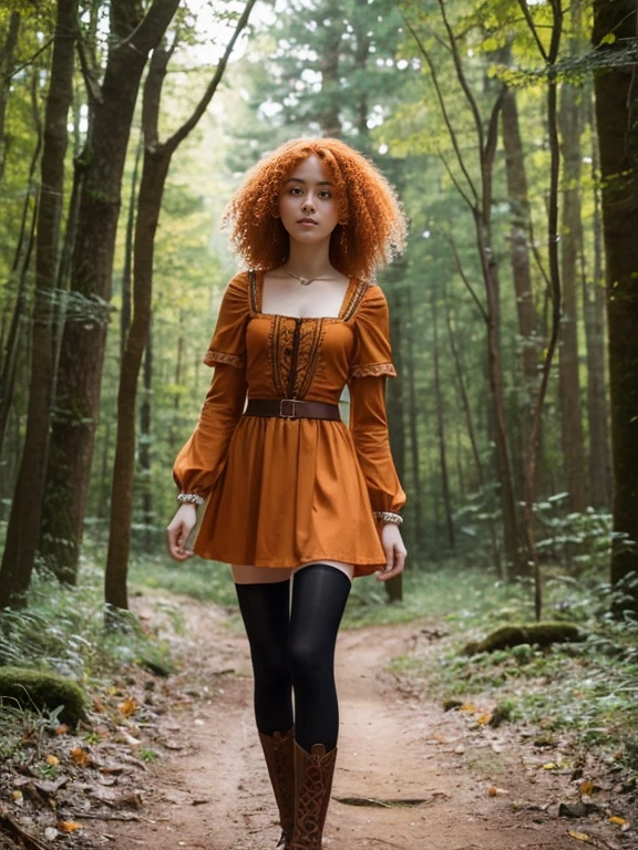 17 year old girl, Lovely, orange hair, Very short, Very curly, slim, flat bust, with freckles on the face, with slavic features, unknotting, leaning on tree, Whole body, two hands, shows her pretty legs, In the woods.