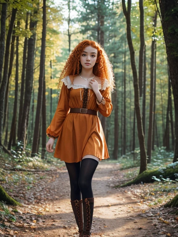 17 year old girl, Lovely, orange hair, Very short, Very curly, slim, flat bust, with freckles on the face, with slavic features, unknotting, leaning on tree, Whole body, two hands, shows her pretty legs, In the woods.