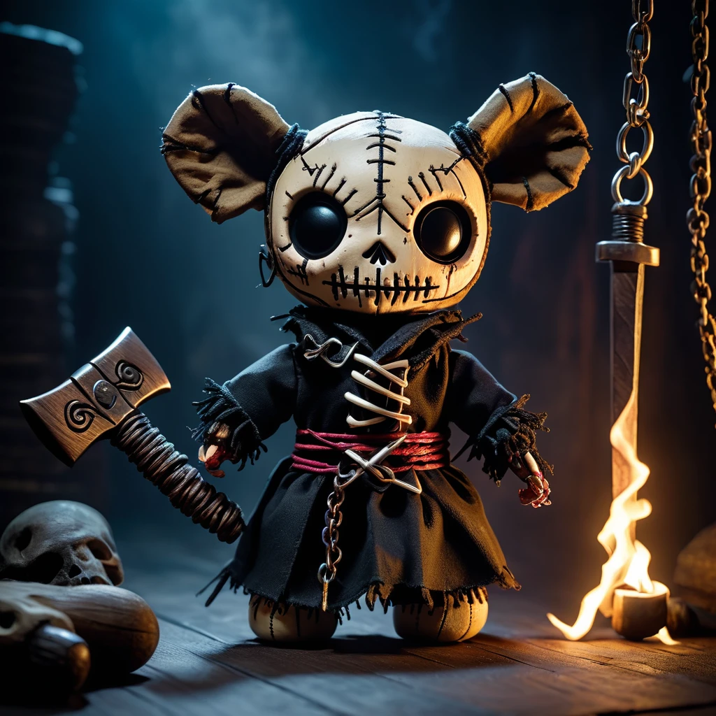 (knitted toy voodoo doll:1.7), (Voodoo Bear Jailer in Dungeon:1.3), (Clothing: tattered jailer's uniform with dark symbols:1.0), (Accessories: enchanted keys, glowing sinister chains:1.2), (background: dark dungeon with floating, glowing spectral prisoners and eerie light:1.2), best quality, masterpiece, detailed soft oil painting, detailed background, dramatic cinematic lighting, soft edge lighting, professional, dramatic lighting, hard edge lighting, ultra quality, 4k, masterpiece, best quality, 8k, ultra high definition, high resolution, extremely detailed
