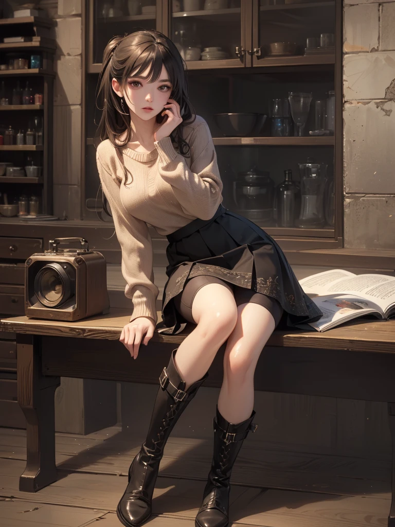 (Random pose),(Random Hairstyle),(Highest image quality,(8K),Ultra-realistic,best quality, high quality, HD, high quality texture,High Detail,Exquisite and detailed,fine,Extremely detailed CG,Detailed texture,Realistic reproduction of the face,masterpiece,Presence),Sitting，sweater,Tight mini skirt,stocking,Engineer Boots