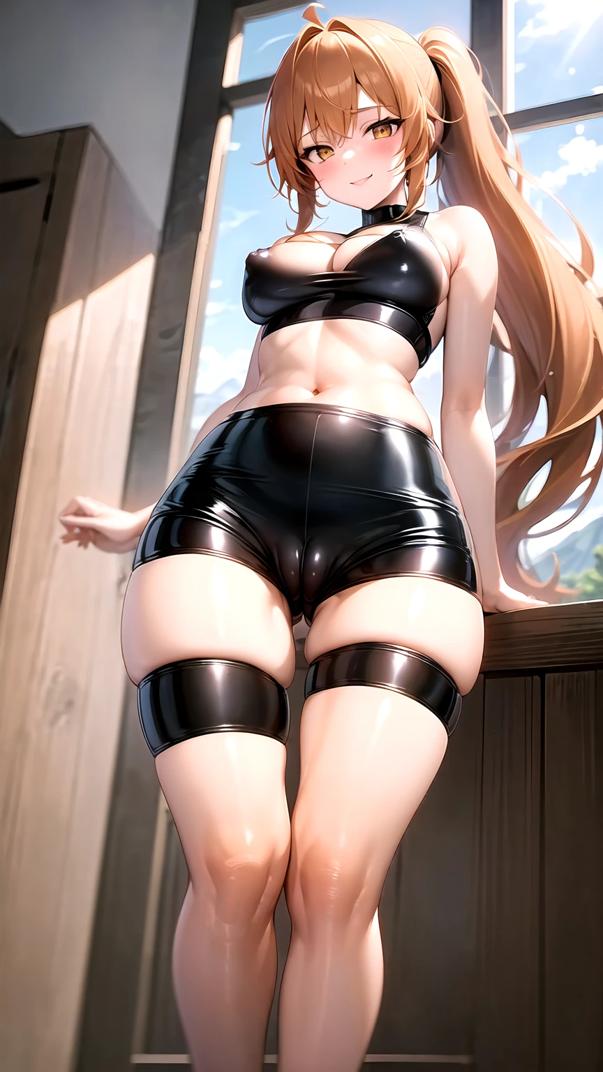 1girl, anime girl, anime, girl, 2d girl, 16y, (fullbody), standing, golden eyes, smiling, blush, (long hair, single ponytail, orange hair), ((black latex tank top, bare arms, bare shoulders)), ((cleavage, areolae, areola, areola exposed)), Solo, big , big breasts, nsfw, Tight Shorts, low waist shorts, upshorts, from below, flat terrain with mountains in the background, looking at viewer, darker shadows, (((sexy))), (((explicit))), (((shorts))), (((absurdres))), (((thigh gap))), cameltoe, (((cameltoe))), (((cleft of venus))), (((lowleg shorts))),