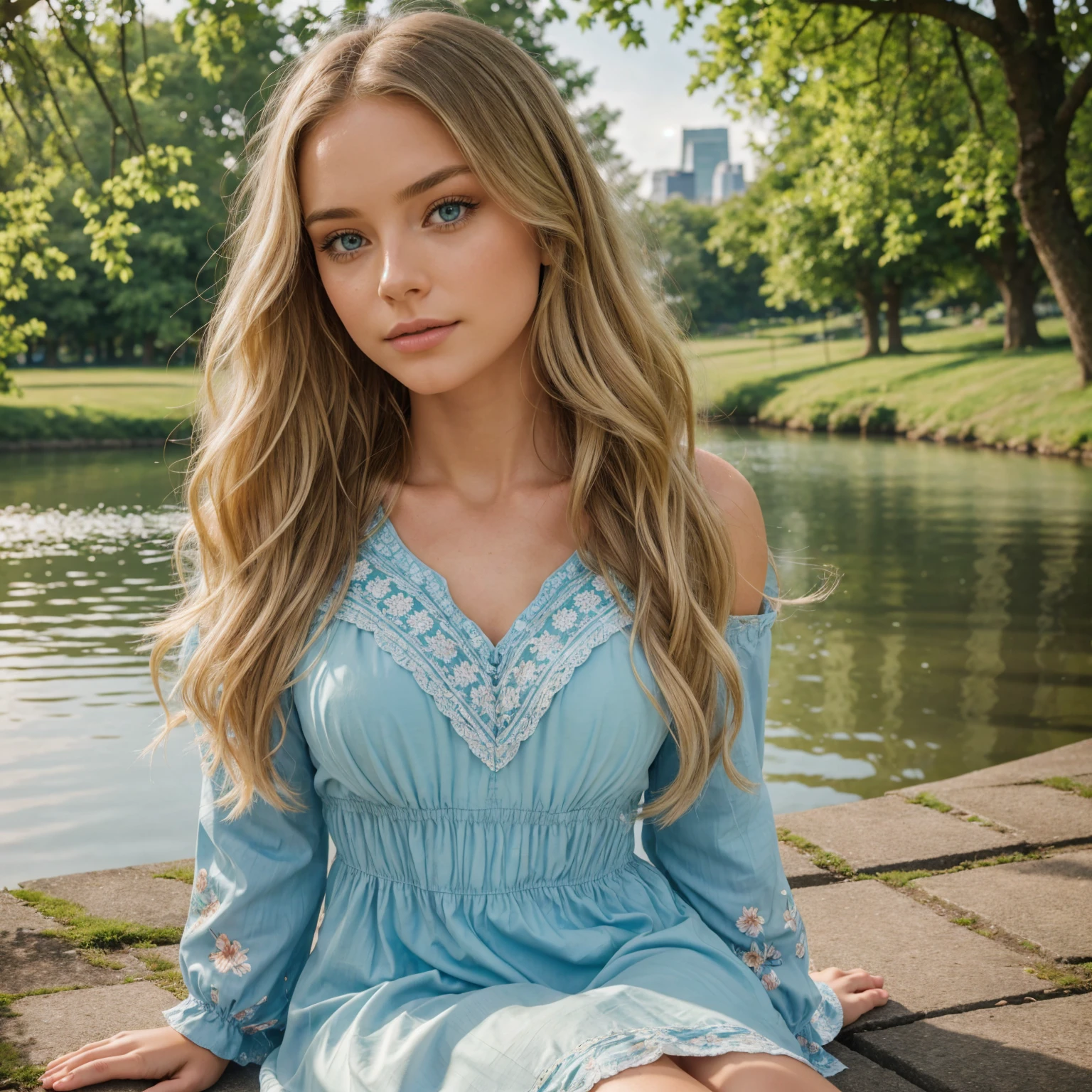 professional portrait photograph of a gorgeous 18 year,Norwegian girl Lise Olsen  sits peacefully near the edge of a tranquil lake in one of the city's picturesque parks,lush green trees and the iconic London skyline with a hint of historical architecture can be seen. The sunlight casts a warm glow, reflecting off the calm water, creating a serene and calming atmosphere, with long wavy blonde hair,blue eye,sultry flirty look, gorgeous symmetrical face, cute natural makeup,wearing a light summer dress with floral patterns,ultra realistic,elegant, highly detailed, intricate, sharp focus, depth of field, f/1. 8, 85mm,(((professionally color graded))), bright soft diffused light, (volumetric fog), trending on instagram, hdr 4k, 8k