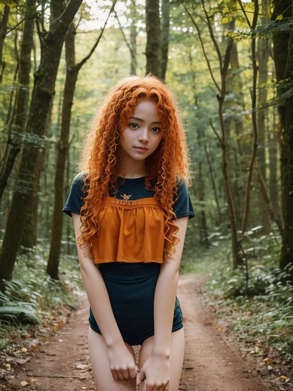 17 year old girl, Lovely, orange hair, Very short, Very curly, slim, flat bust, with freckles on the face, with slavic features, unknotting, leaning on tree, Whole body, two hands, shows her pretty legs, In the woods.