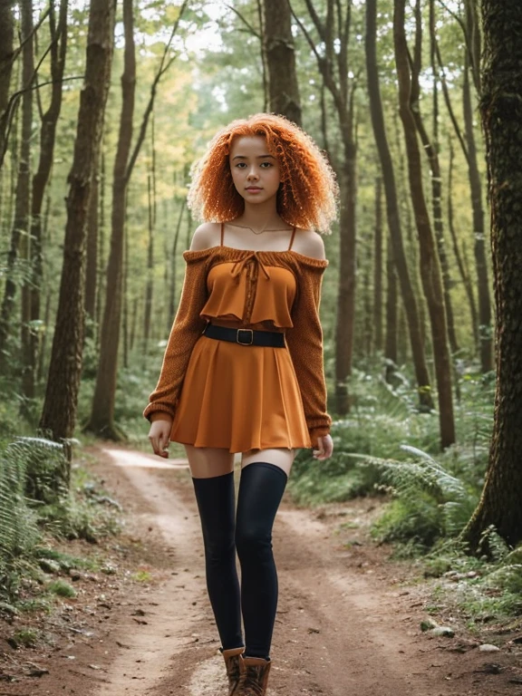 17 year old girl, Lovely, orange hair, Very short, Very curly, slim, flat bust, with freckles on the face, with slavic features, unknotting, leaning on tree, Whole body, two hands, shows her pretty legs, In the woods.