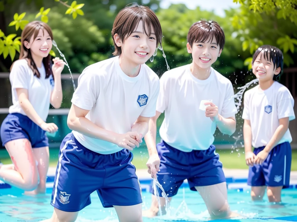 hot summer、primary school、Summer swimming pool、It is sunny、Pouring water on each other、Audible laughter、A lot of boys、Get wet all over、Japan Boy、Glowing water splashes、Pool lessons、Boy playing in water、The happy boys、Strong sunlight、Short sleeve gym uniform、Blue shorts、barefoot，There are only boys 、１０age、Highest quality、masterpiece