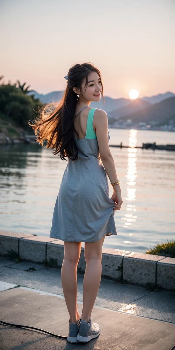 (masterpiece, top quality, best quality,1girls,Korean, beautiful face, smile, long hair, 19 years old, tank top, ((Light grey straight dress:1.1)), White shoes, hills, full body view, sunset,