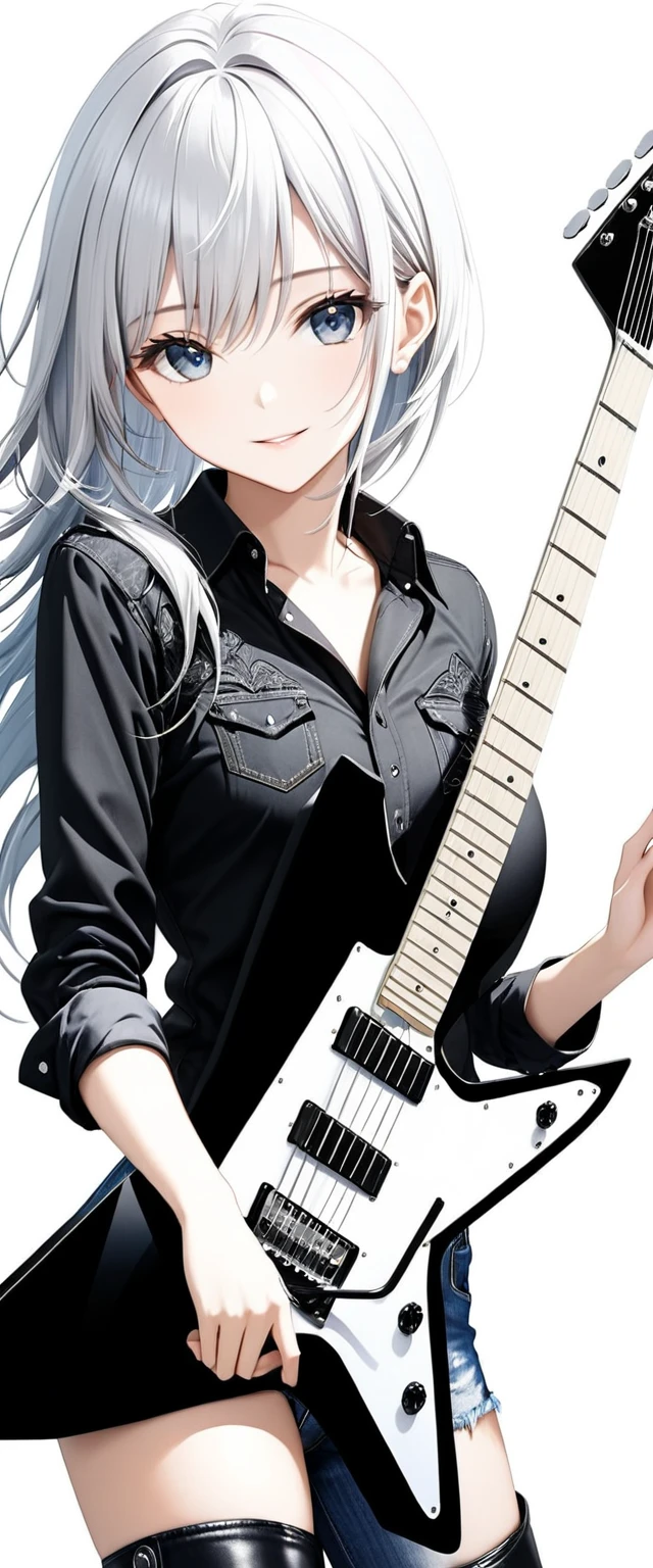 (((White background:1.5)))、(very wide shot)、(masterpiece、Ultra HD、Highest quality、Masterpiece、4K:1.2)、Slender body、Scandinavian metal girl playing a white electric guitar, A gentle gaze at the camera, Intricate details, Highly detailed eyes, Highly detailed fingers、(Black shirt and jeans) 、Wear black boots、A kind smile、(((Dynamic pose:1.5)))