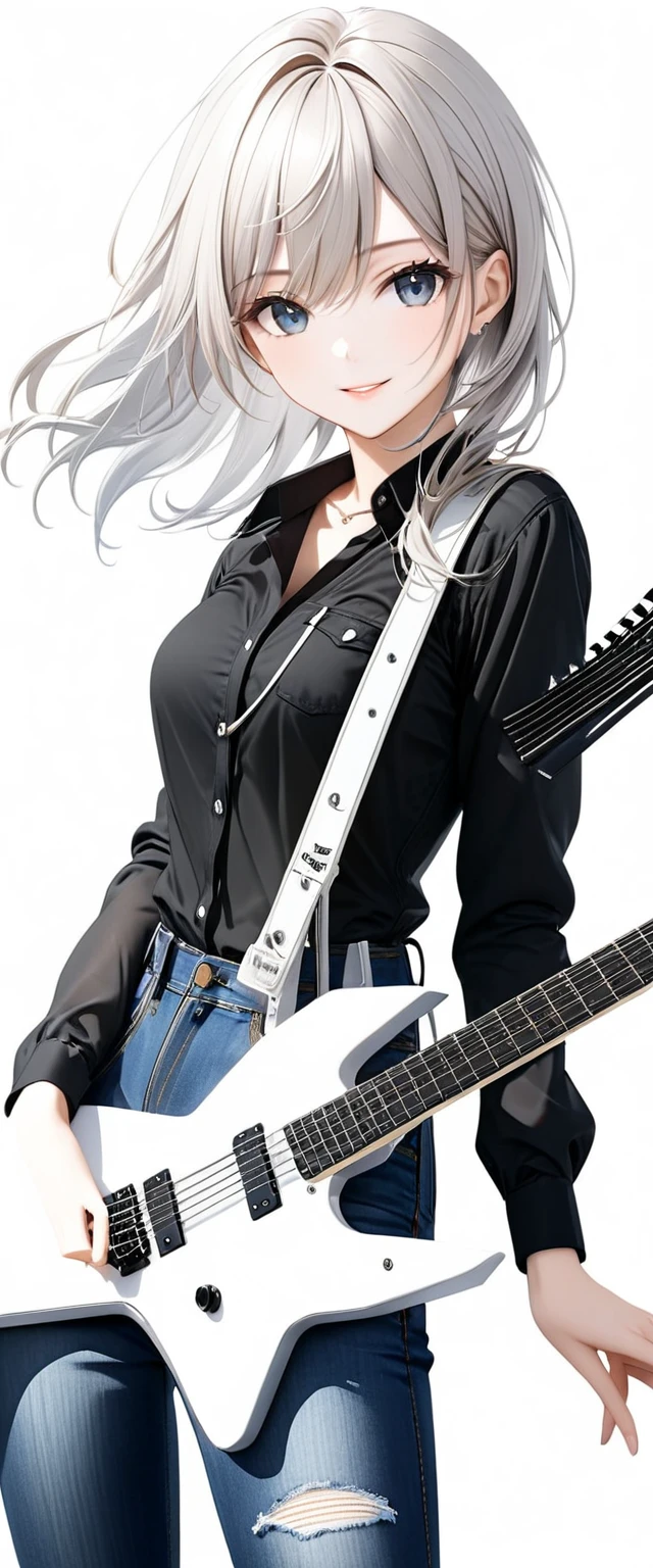 (((White background:1.5)))、(very wide shot)、(masterpiece、Ultra HD、Highest quality、Masterpiece、４K:1.2)、Slender body、Scandinavian metal girl playing a white electric guitar, A gentle gaze at the camera, Intricate details, Highly detailed eyes, Highly detailed fingers、(Black shirt and jeans) 、Wear black boots、A kind smile、(((Dynamic pose:1.5)))
