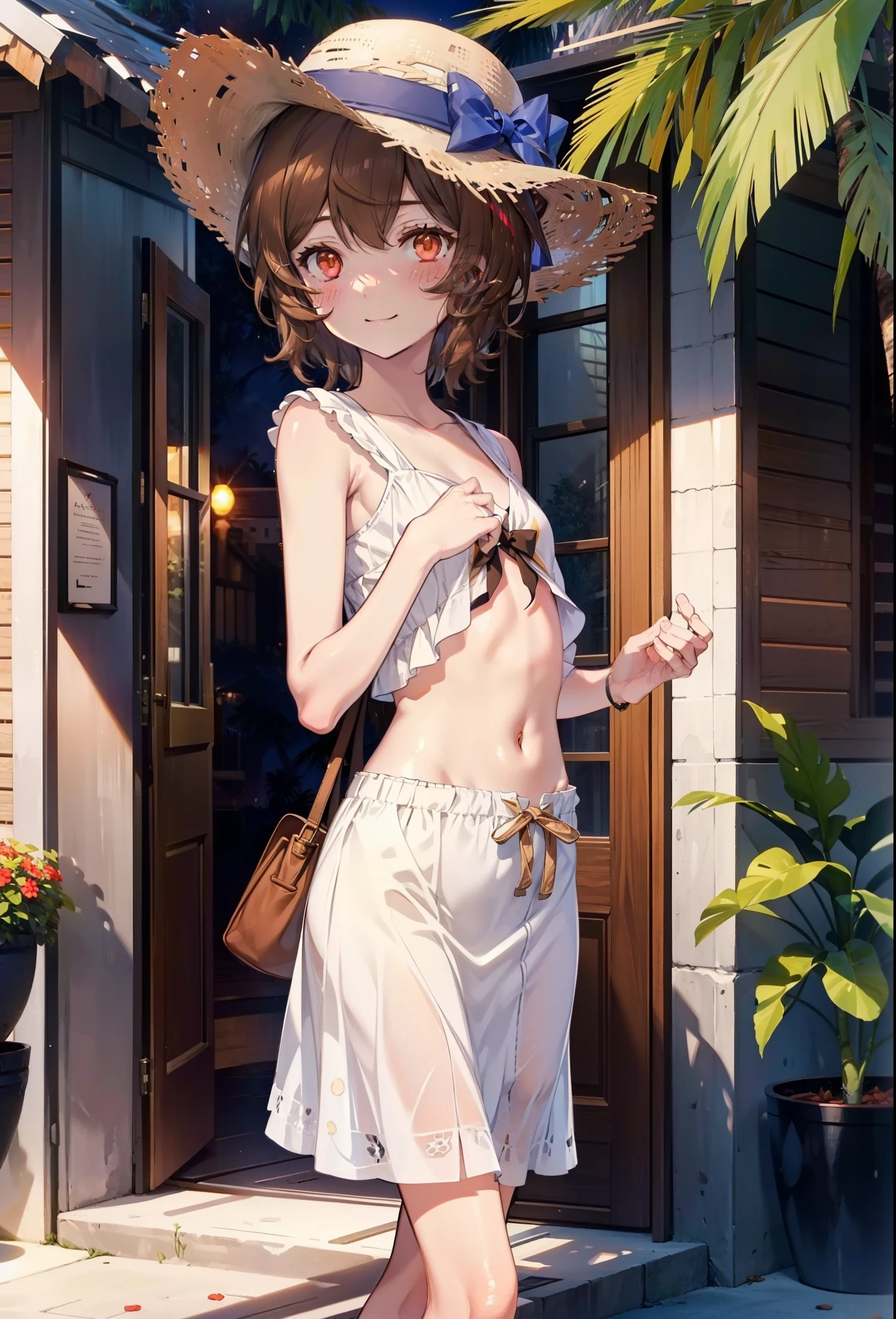 Lililukarde, Liliruka gets burned, , (Brown eyes:1.7), Brown Hair, (Flat Chest:1.2), smile,blush,Straw hat short hair,White sleeveless dress,Long skirt,Heeled Sandals,Walking,sunset,evening,The sun is setting,whole bodyがイラストに入るように,
break looking at viewer,whole body, (Cowboy Shot:1. 5)
break outdoors, Building district,Palm tree,Tropical,
break (masterpiece:1.2), Highest quality, High resolution, unity 8k wallpaper, (figure:0.8), (Beautiful attention to detail:1.6), Highly detailed face, Perfect lighting, Highly detailed CG, (Perfect hands, Perfect Anatomy),