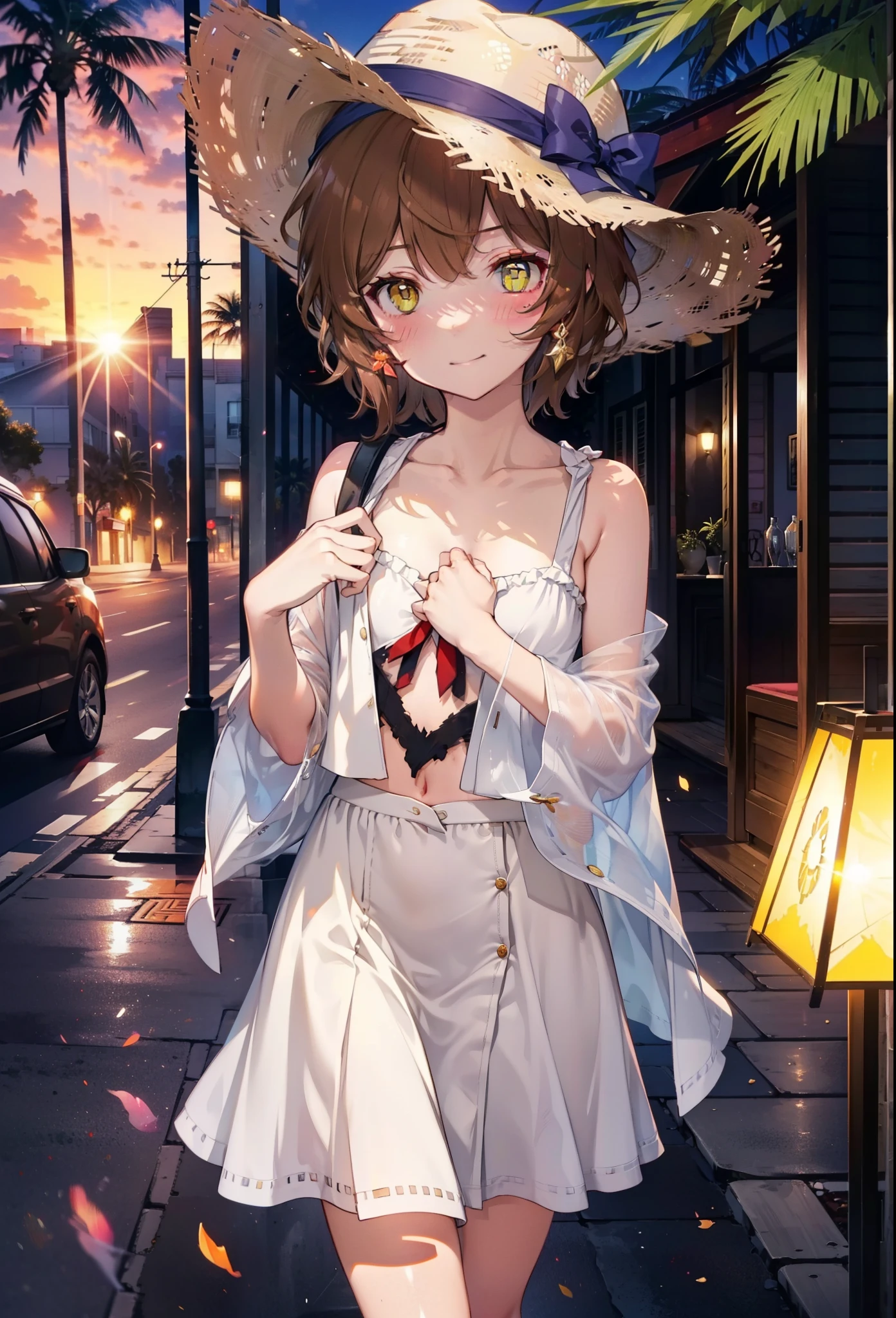 Lililukarde, Liliruka gets burned, , (Brown eyes:1.7), Brown Hair, (Flat Chest:1.2), smile,blush,Straw hat short hair,White sleeveless dress,Long skirt,Heeled Sandals,Walking,sunset,evening,The sun is setting,whole bodyがイラストに入るように,
break looking at viewer,whole body, (Cowboy Shot:1. 5)
break outdoors, Building district,Palm tree,Tropical,
break (masterpiece:1.2), Highest quality, High resolution, unity 8k wallpaper, (figure:0.8), (Beautiful attention to detail:1.6), Highly detailed face, Perfect lighting, Highly detailed CG, (Perfect hands, Perfect Anatomy),