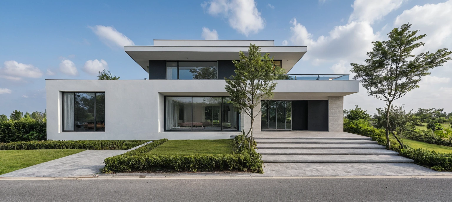 Masterpiece, high quality, best quality, authentic, super detail, outdoors, onestoreyvillaXL, aiaigroup, house style modern on the street ,stairs, white wall ,road,pavement, grass, trees, sky, cloud, (daylight:1.1)