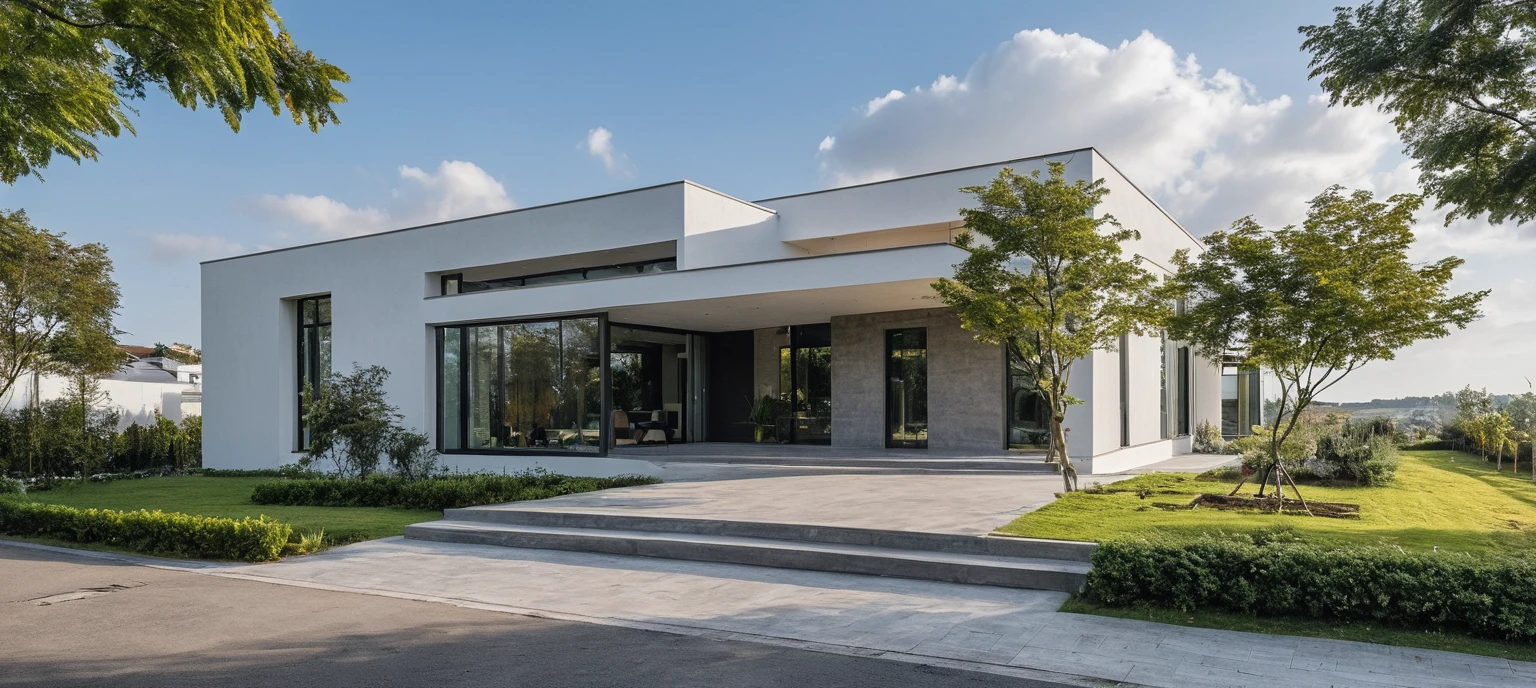 Masterpiece, high quality, best quality, authentic, super detail, outdoors, onestoreyvillaXL, aiaigroup, house style modern on the street ,stairs, white wall ,road,pavement, grass, trees, sky, cloud, (daylight:1.1)