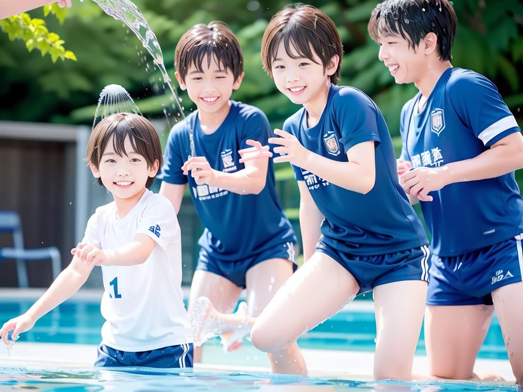 hot summer、primary school、Summer swimming pool、It is sunny、Pouring water on each other、Audible laughter、A lot of boys、Get wet all over、Japan Boy、Glowing water splashes、Pool lessons、Boy playing in water、The happy boys、Strong sunlight、Short sleeve gym uniform、Blue shorts、barefoot，There are only boys 、１０Year old boy、９Year old boy、Highest quality、masterpiece