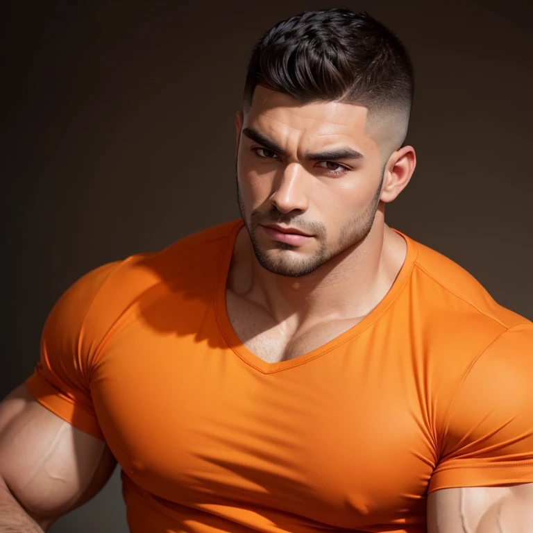a very handsome man, with a Mid fade haircut, massively muscular, with massively large muscles, wearing an orange shirt, seen very close up