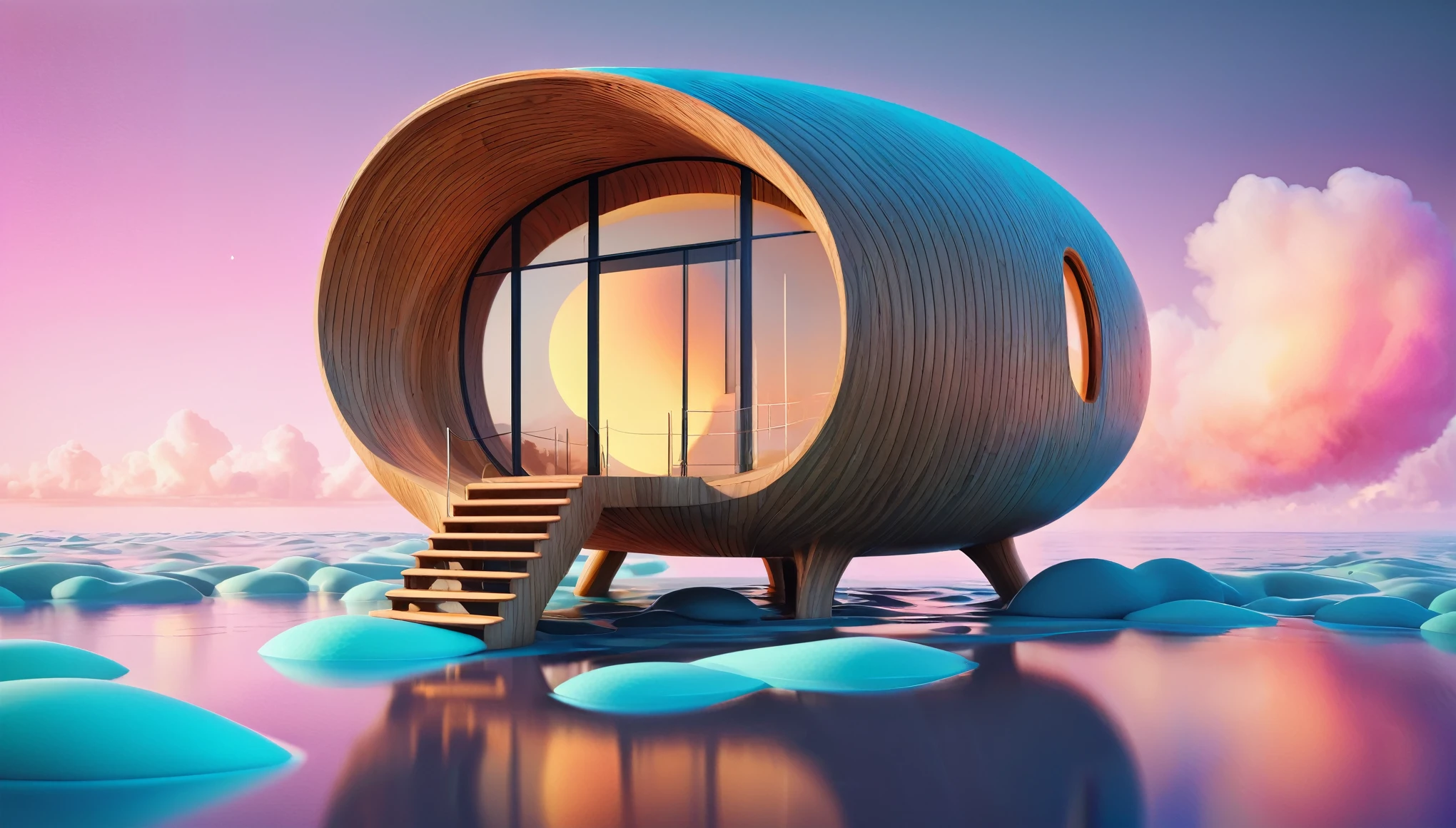 surreal and dreamlike, Photorealistic 3D illustration of a wooden structure displaying a minimalist, contemporary design and an organic, impactful form., dreamy atmosphere, liquid psychedelic