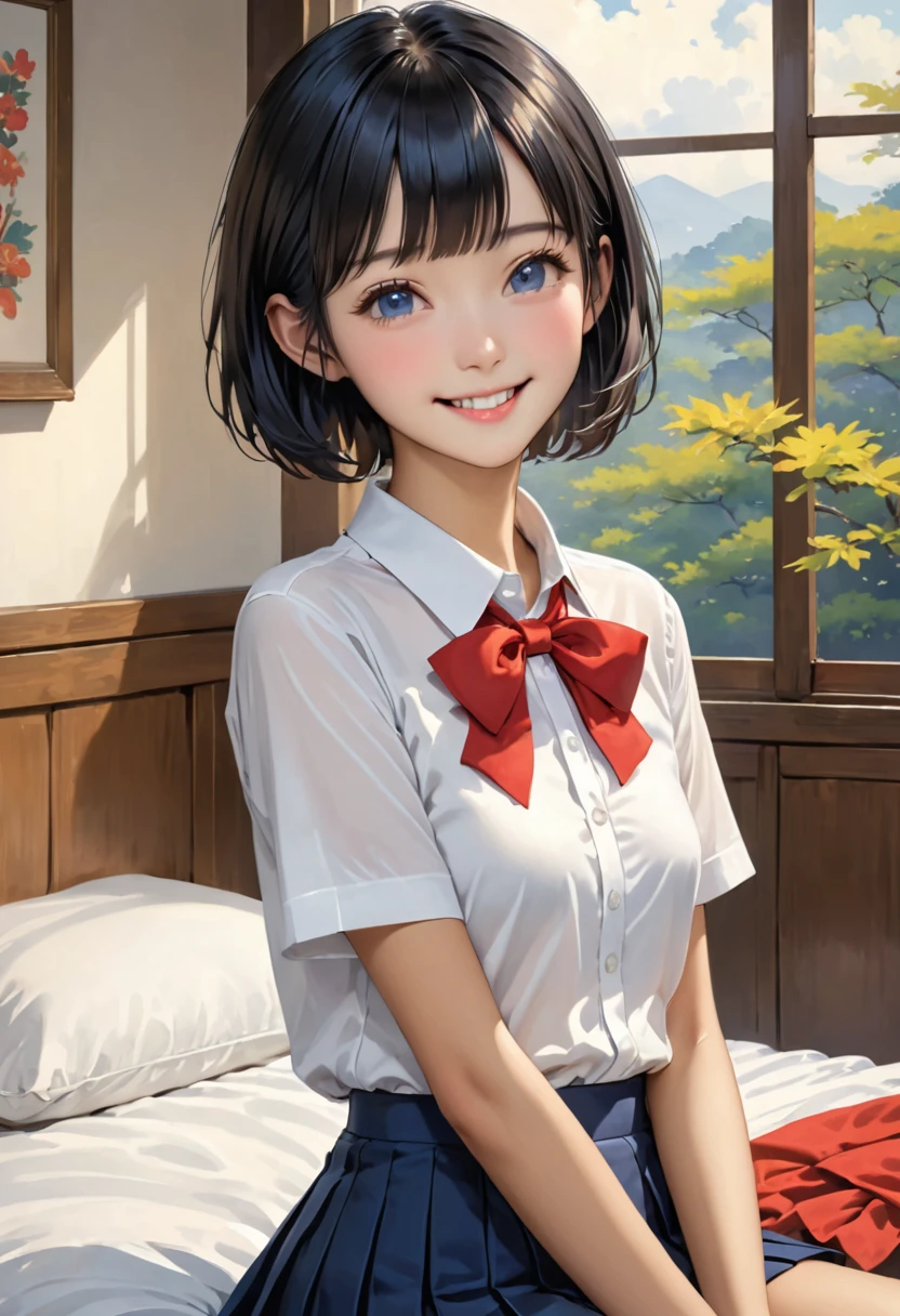 ((realistic:1.3)),((masterpiece,Highest quality:1.3,best quality illustration)),cowboy shot,独奏,1woman,18 year old beauty、black hair,short bob hair,bangs,black eyes,((gorgeous eyes)),((very small head:1.3)),shy,smile,((very long body:1.2,skinny)),small breasts,(Collared short-sleeved shirt、red bowtie,Navy blue pleated mini skirt),((tan skin:1.2)),gleaming skin,oily skin,slender body, Simple bedroom、Tokyo、