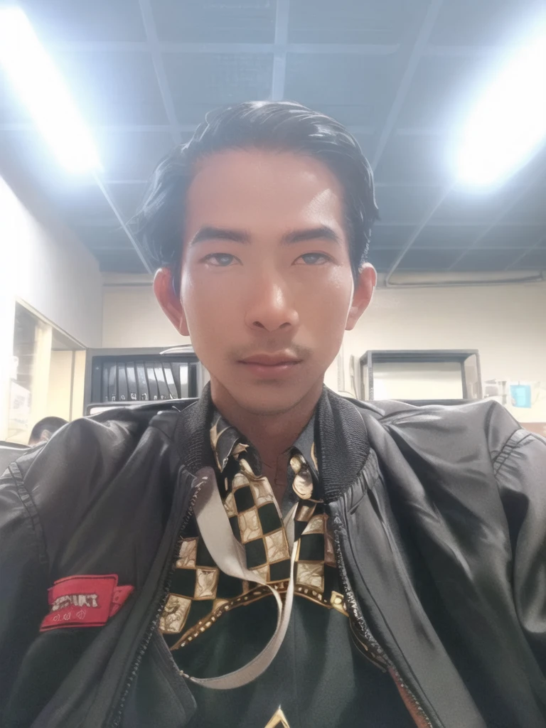 Professional photography of a full body elegant Asian man with body charm, mysterious aura, trendy black short taper hair, wearing a parka jacket with intricate sablon text (('Mau nya gitu?)) ' in a cosplay style, ultra-realistic rendering, masterpiece quality, dark alley background, cinematic, adjust contrast & saturation, vibrant color, with an enigmatic and intriguing expression, high definitions