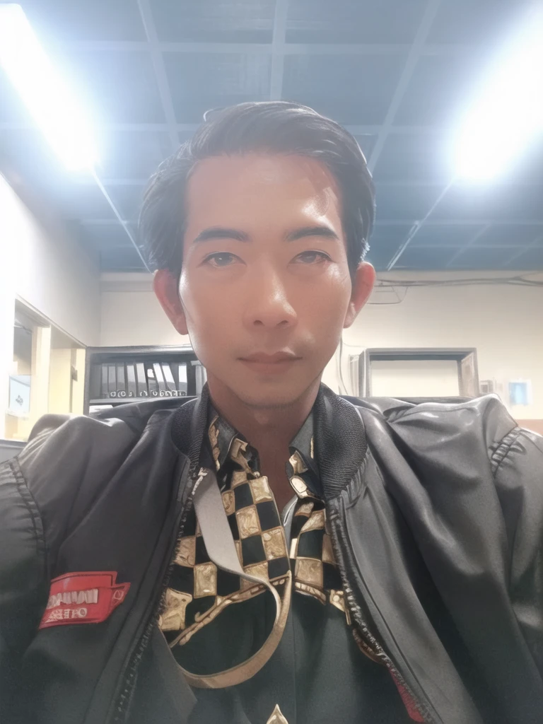 Professional photography of a full body elegant Asian man with body charm, mysterious aura, trendy black short taper hair, wearing a parka jacket with intricate sablon text (('Mau nya gitu?)) ' in a cosplay style, ultra-realistic rendering, masterpiece quality, dark alley background, cinematic, adjust contrast & saturation, vibrant color, with an enigmatic and intriguing expression, high definitions