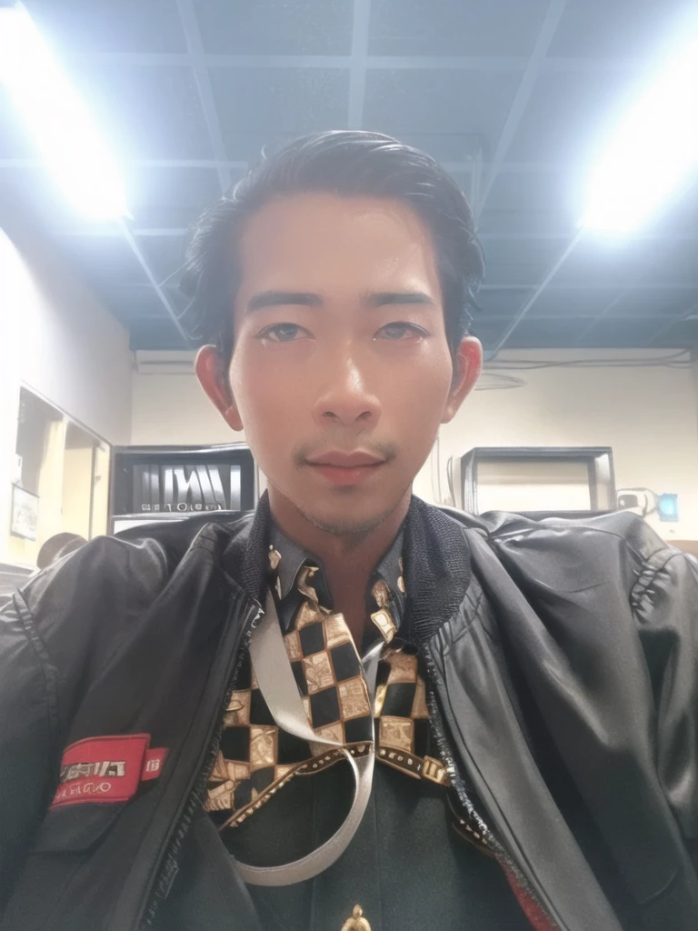 Professional photography of a full body elegant Asian man with body charm, mysterious aura, trendy black short taper hair, wearing a parka jacket with intricate sablon text (('Mau nya gitu?)) ' in a cosplay style, ultra-realistic rendering, masterpiece quality, dark alley background, cinematic, adjust contrast & saturation, vibrant color, with an enigmatic and intriguing expression, high definitions