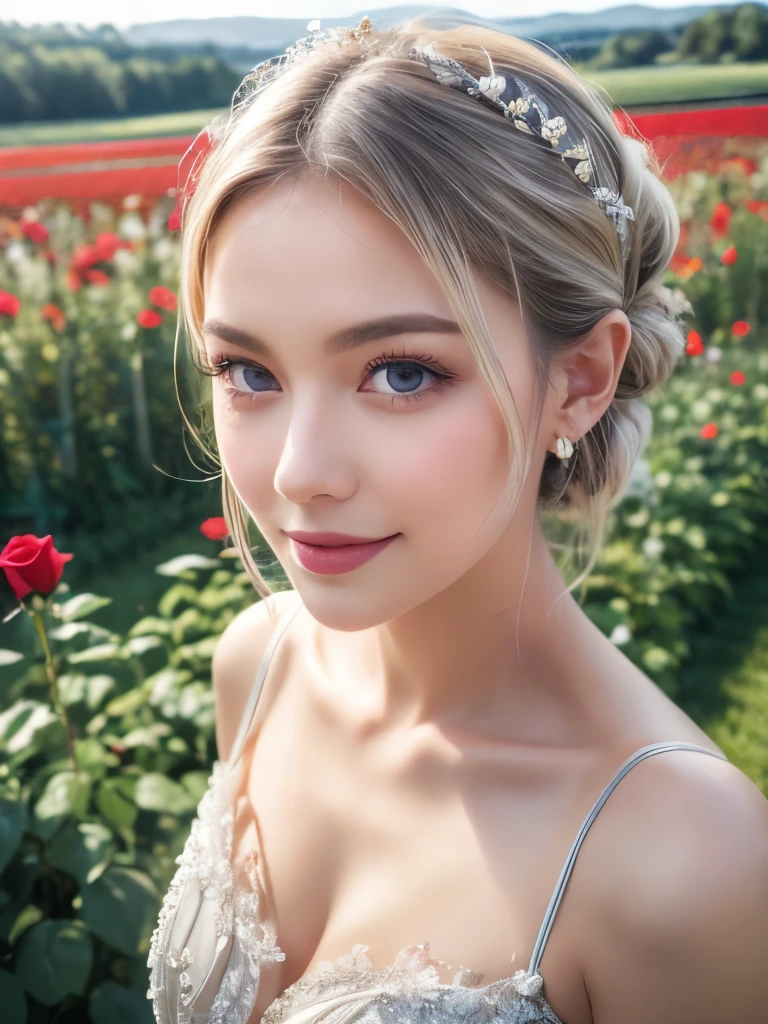 Overlooking, Panorama, perspective, Depth of written boundary, bust, Upper Body, Movie angle, masterpiece, Highest quality, Ultra high definition, Super detailed, 8k Raw Photo:1.5, Beautiful Face, Delicate eyes, Soft and sexy lips, country々, alone, smile, Silver Hair, Golden Eyes, Fair skin, Soft skin texture, hair, White evening dress, Her lip to dress, Rose Field, Red flower, rose, Flower Field, petal, Flying petal, smile