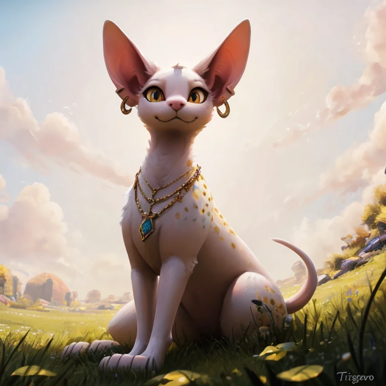 Solo, White Sphynx cat, golden spots on the body, feral, with blue earrings in her ears and a necklace on her neck, beautiful detailed and dilated eyes, golden eyes, white pupils, on the grass, extremely detailed, sitting on floor, looking at viewer, ((White background)), low-angle, ((By trigaroo))