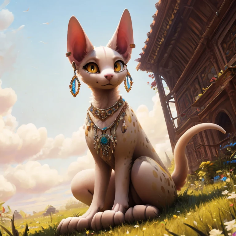 Solo, White Sphynx cat, golden spots on the body, feral, with blue earrings in her ears and a necklace on her neck, beautiful detailed and dilated eyes, golden eyes, white pupils, on the grass, extremely detailed, sitting on floor, looking at viewer, ((White background)), low-angle, ((By trigaroo))