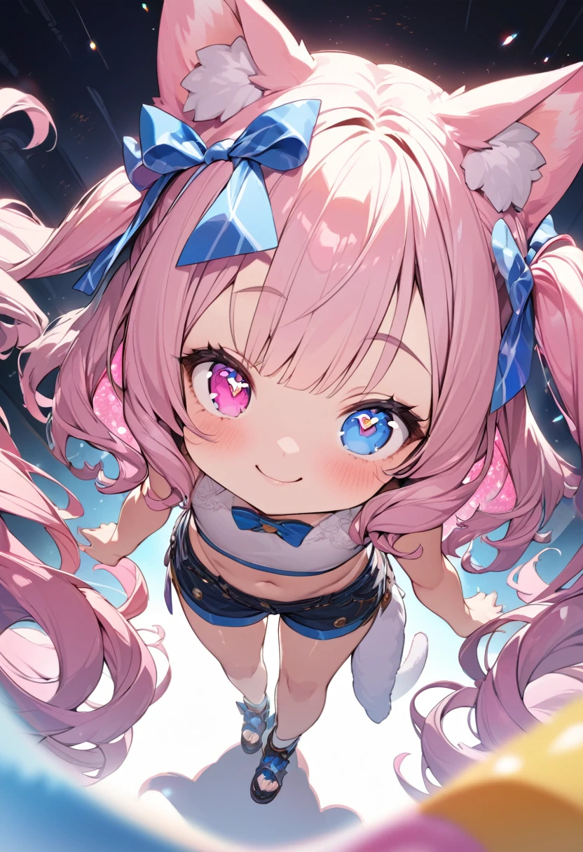 masterpiece, best quality, insanely detailed, 16K, absurdres, Full-HD,, hopeful, smile,looking away, twintail, two side up, bun hair, wave hair, medium hair,twintails, hair bun, blunt bangs, wavy hair, shiny hair, pink hair, colored inner hair, pink eyes, blue eyes, odd eyes, with heart-shaped irises, with sparkling eyes, with diamond-shaped irises, with star-shaped irises, with irises, big eyes, droopy eyes, heterochromia, wide-eyed, with heart-shaped eyes, with heart-shaped pupils, fair skin, shiny skin, detailed skin, chibi, slim, tube top, shorts, hair ribbon, sunglasses, smaller face, with cat ears, cat tail, cute face, baby face, japanese idol, 9-year-old, , kawaii, cute, full body shot, from front, front view, from above, wide view, wide shot, golden ratio, framing composition