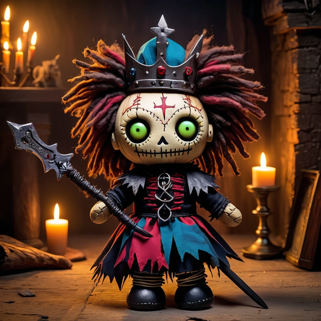 (knitted toy voodoo doll:1.7), (Voodoo Lion Keeper of Abandoned Castle:1.3), (Clothing: tattered royal cloak with dark symbols:1.0), (Accessories: enchanted scepter, glowing sinister crown:1.2), (background: decaying castle with floating, glowing spectral armor and eerie shadows:1.2), best quality, masterpiece, detailed soft oil painting, detailed background, dramatic cinematic lighting, soft edge lighting, professional, dramatic lighting, hard edge lighting, ultra quality, 4k,masterpiece, best quality, 8k, ultra highres, highres, extremely detailed