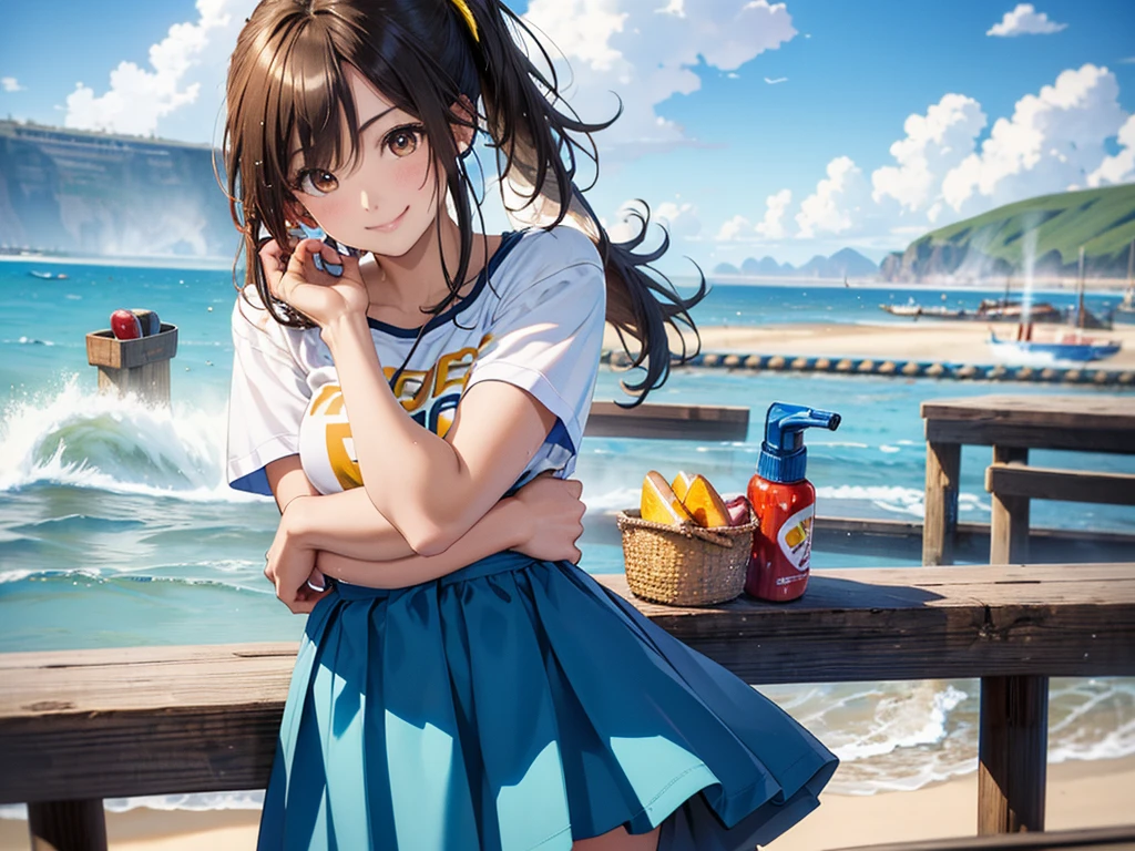 (masterpiece、Highest quality:1.2),Frame In、 Cowboy Shot, solo, One Girl, Seeing the viewer, (Highest quality, 8k, oil, Tabletop:1.2), Very detailed, (Realistic, Realistic:1.37), Vibrant colors, (((Frolic at the seaside)))、(((Spray water in front)))、Off-the-shoulder T-shirt、Yellow T-shirt、mini skirt、Blue Skirt、Side Ponytail、Brown Hair、smile、blue sky、horizontal line
